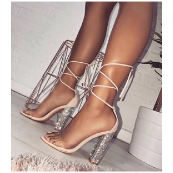 Nude Glitter Chunky Heels - Picture 2 of 6